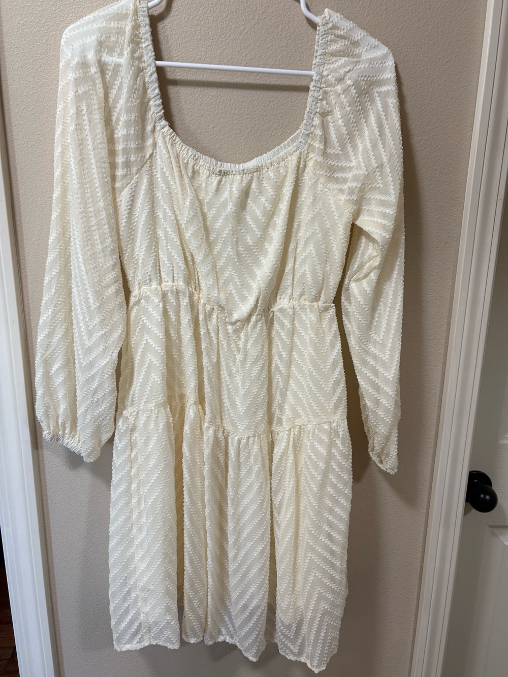 SHEIN Cream Long Sleeve Tiered Scoop-Neck Dress